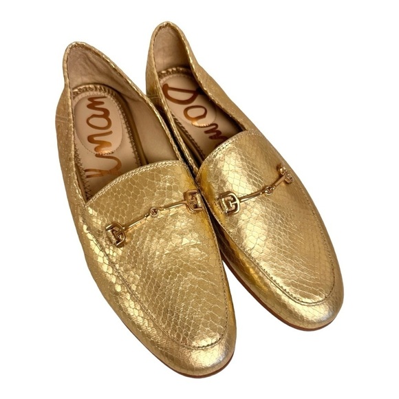 Sam Edelman Loraine Gold Boa Metallic Stack Heel Loafers NWOB - Picture 2 of 7